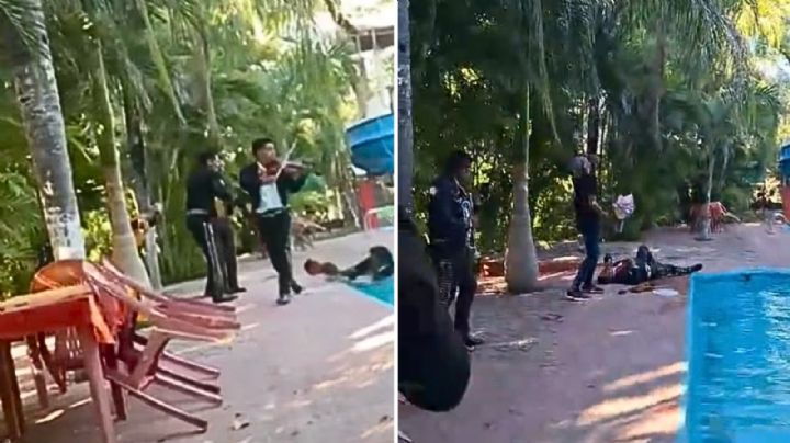 Mariachi llega a serenata e integrante se cae a alberca, pero no dejan de tocar VIDEO