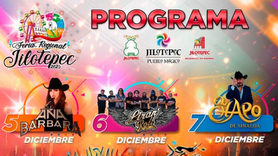 Cartel de artistas que darán concierto gratuito en la Feria Regional Jilotepec 2025