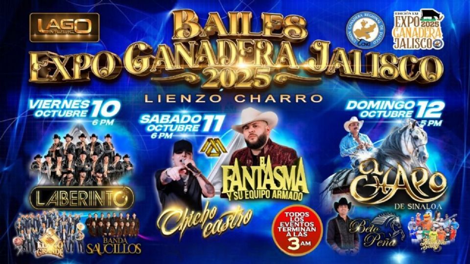 Cartelera de artistas que se presentarán en los Bailes Expo Ganadera Jalisco 2025
