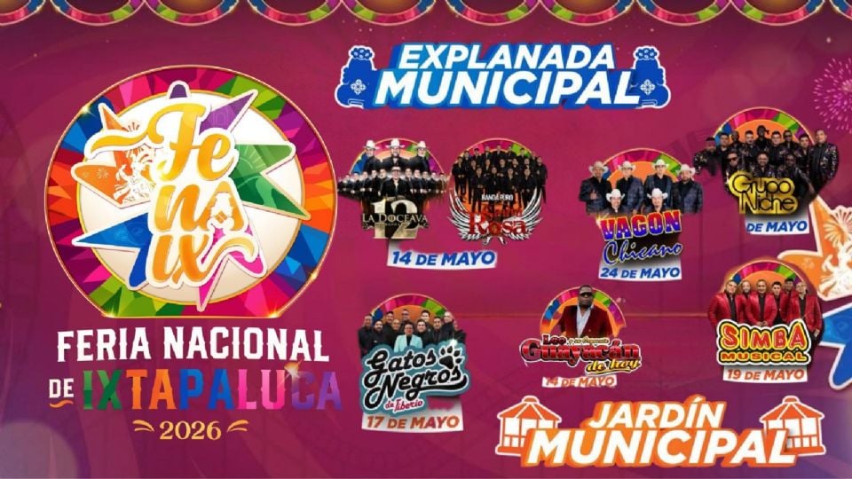 Artistas que se presentarán en la Explanada y en el Jardín Municipal de la Feria Nacional de Ixtapaluca 2026.
